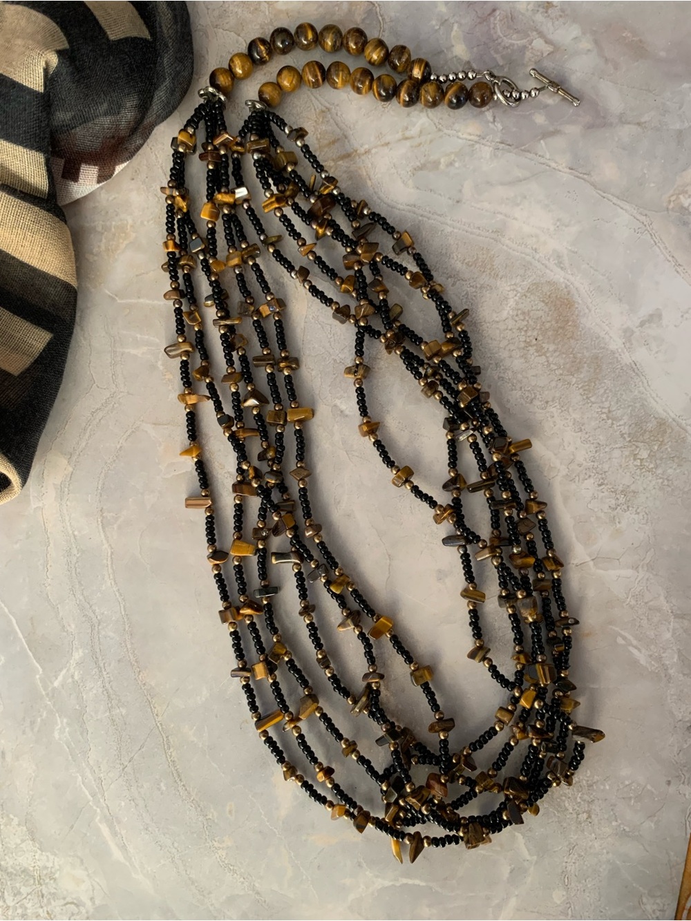 Multi-Strand Black and Tiger's Eye Bead Necklace